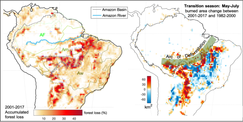 Accumulated forest loss during 2001-2017 and fire regime change during the transition season (May-July) (Image by XU Xiyan)