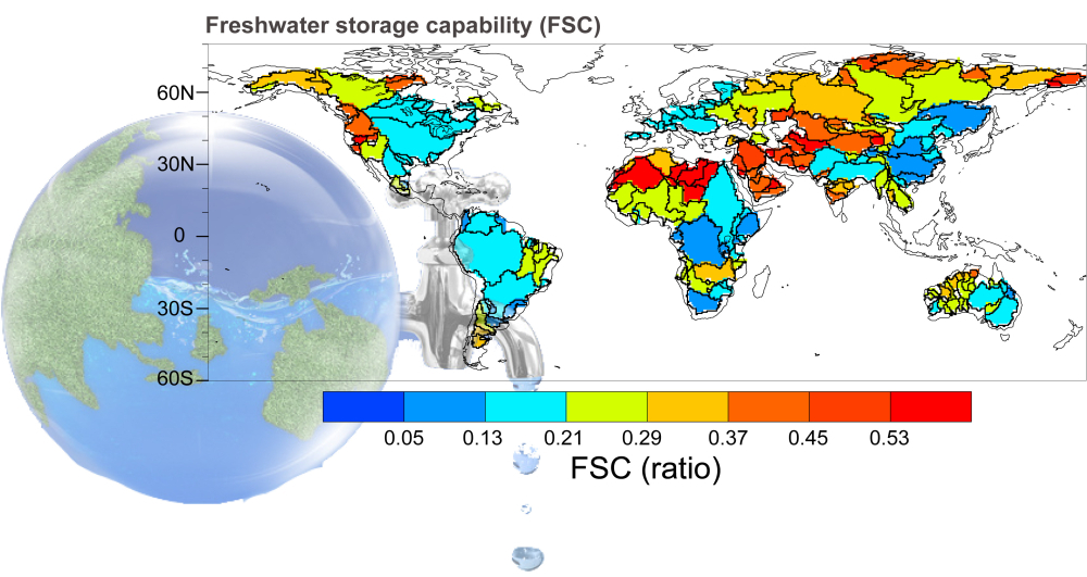 Distribuição global da capacidade total de armazenamento de água doce baseada na água terrestre. (Imagem de ZHU Enda)